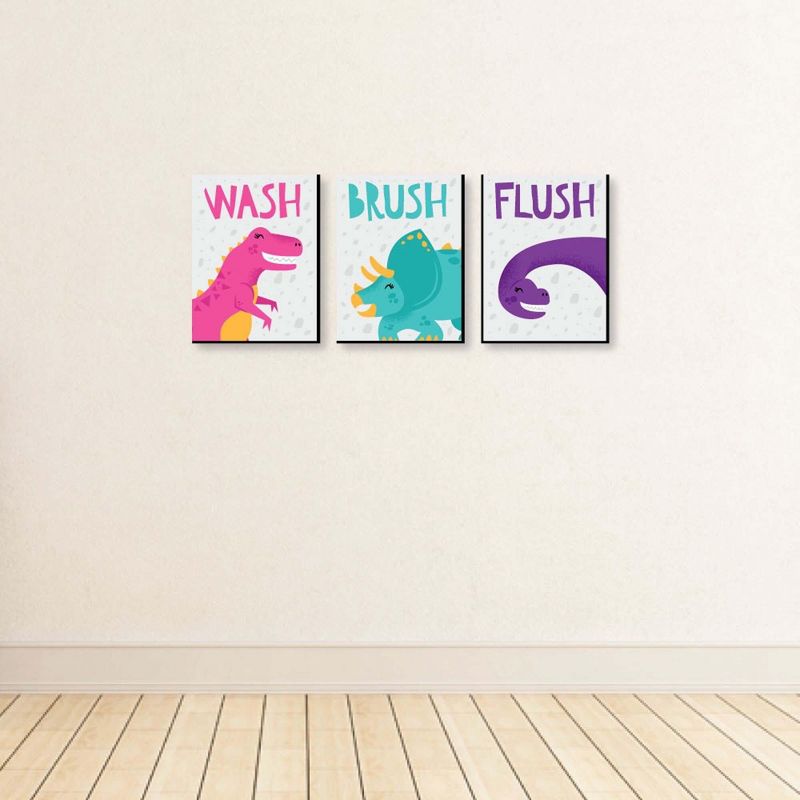 Big Dot of Happiness Roar Dinosaur Girl - Kids Bathroom Rules Wall Art - 7.5 x 10 inches - Set of 3 Signs - Wash, Brush, Flush, 3 of 8