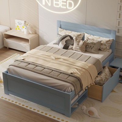 Twin/Full Size Wood Platform Bed With Drawer and Two Storage Shelves 4O - ModernLuxe