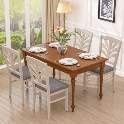 VECELO Rustic Wooden Dining Chairs, Rubber Wood Kitchen Chairs with Padded Seat & Elegant Hollowed Backrest, Gray