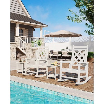 Outdoor Heavy Duty Oversized HDPE Adirondack Rocking Chair with Wood Texture for Deck, Patio, Pool, Backyard, Porch, Lawn, Garden, White 380Lbs