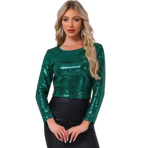 Allegra K Women's Sequin Glitter Round Neck Long Sleeve Evening Party Sparkly Blouse - 1 of 4