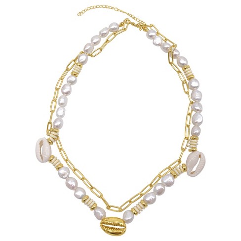 Adornia 14k Gold Plated Pearl and Shell with Paper Clip Chain Double Necklace - image 1 of 2