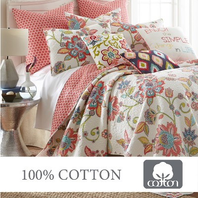 Reversible Full Cotton Quilt Set in White with Floral Design