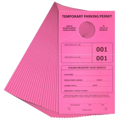 Juvale 100 Pack Pink Temporary Parking Permit Hang Tags For Car Rear View  Mirror, Numbered 1-100 Plastic Hanging Placards, Bulk, 7.75 X 4.25 In :  Target