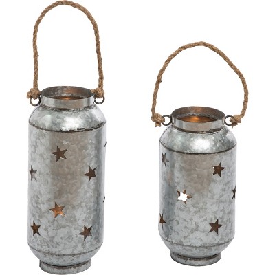 Transpac Galvanized Metal Lantern Set of 2 Candle Holders for Christmas Stylish Indoor Tabletop and Mantel Decor