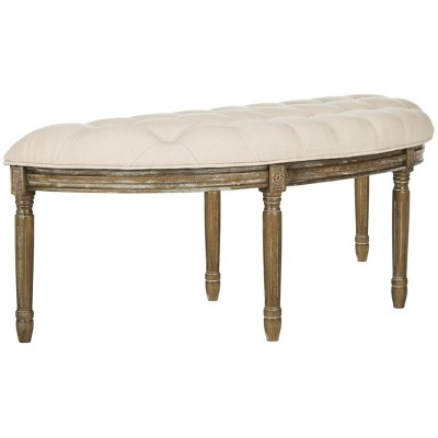 Parisian Elegance Beige Linen and Rustic Oak Tufted Semi-Circle Bench