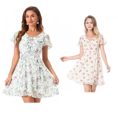 Allegra K Women's Floral Printed Flare Short Sleeve Lace-up V Neck A-Line Chiffon Dress 2 Packs