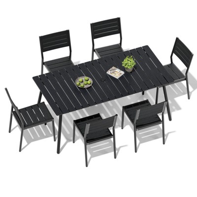 Crestlive Products Outdoor Dining Set Patio Dining Table with chairs Wooden-Like Top and Aluminum Frame Umbrella Hole