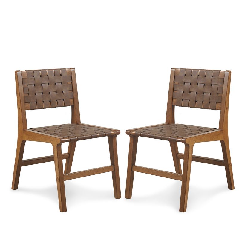 LIVN CO. Mid-Century Woven Brown Faux Leather Dining Chairs Set of 2, 1 of 13