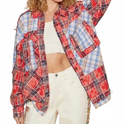 Women's Plaid Patchwork Long Sleeve Shirt With Raw Edge Detail - POL