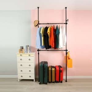 BDELITE Telescopic Garment Rack, No Damage to Wall Ceiling Hanging Rail, Reach Hook Included-47*3.7*120 Inch, Black - 1 of 4