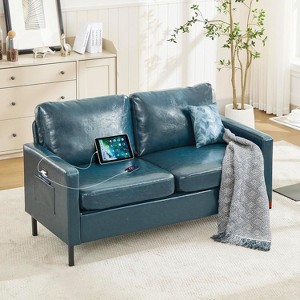 57 Faux Leather Loveseat Sofa with USB Ports & Side Pockets, Small 3-Seater Couch for Living Room, Bedroom, Office, Blue - 1 of 4