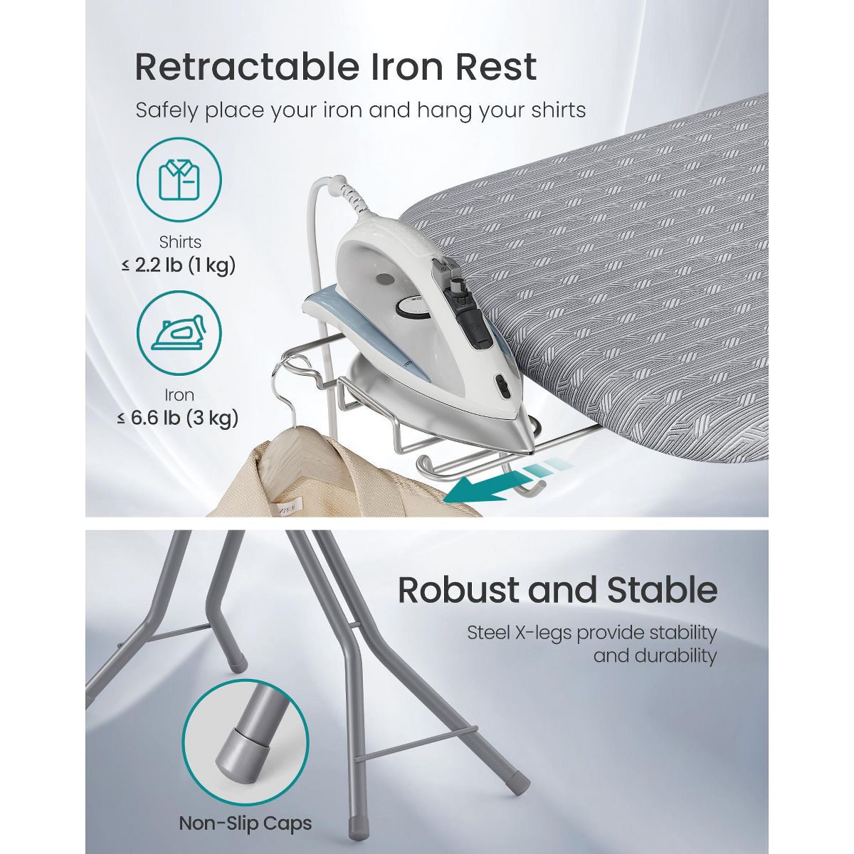 LEDREM Ironing Board with Cover & Pad, Foldable Steel Frame, Adjustable Height, Iron Rest, for Laundry Room - thumbnail 7