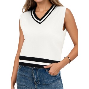ATHLECHIC Women's Summer Knit Color Block Sleeveless V Neck Loose Fit Preppy Trendy Tank Tops - 1 of 4