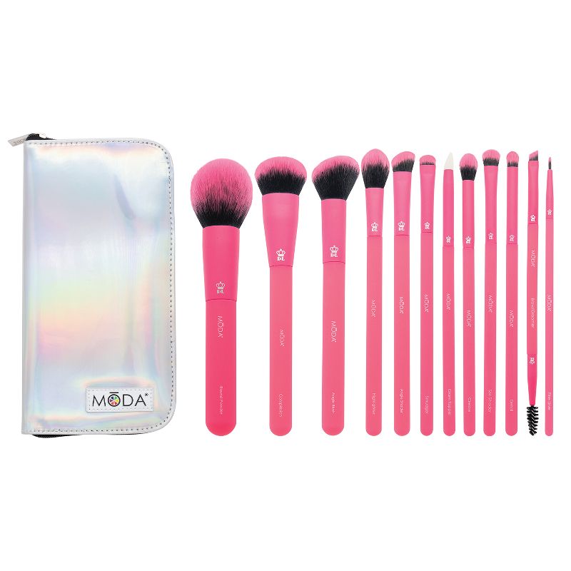 MODA Brush Totally Electric Neon Pink Full Face 13pc Makeup Brush Kit, Includes Complexion, Highlight & Glow, and Crease Makeup Brushes, 1 of 12