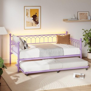 Twin Size Daybed with Trundle,Sofa Bed Frame with Charging Station and LED Lights,Heavy Duty Metal Bed Frame,for Small Spaces, Living Room,Bedroom - 1 of 4