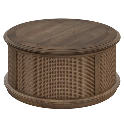 Round Rattan Drum Lift Top Coffee Table End Table Side Table for Living Room Storage Space Dark Brown