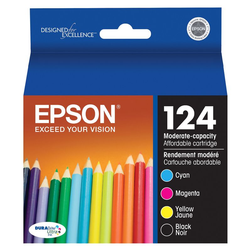 Epson 124 Black, C/M/Y 4pk Combo Ink Cartridges - Black, Cyan,Magenta,Yellow (T124120BCS), 1 of 5