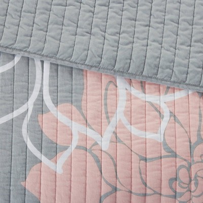 Gray and Peach Floral Reversible Cotton Full Quilt Set