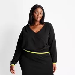 Women's Plus Size Asymmetrical V-Neck Pullover Crop Sweater - Future Collective™ with Kahlana Barfield Brown Black/Lime 4X
