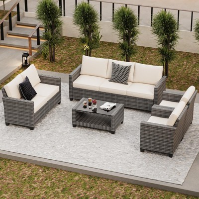 Patio Furniture Set, 5 Pieces Outdoor Sectional Sofa Set with Dining Table & Thickened Cushions - All-Weather PE Wicker