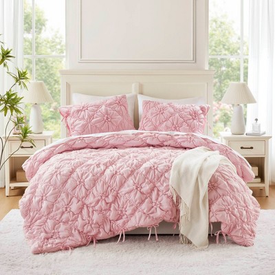 Kumasinova 2/3 PCS Twin Textured Floral Comforter Set with Bow Tie Accents,Soft Brushed Microfiber Bedding Set with Comforter & Sham,Machine Washable