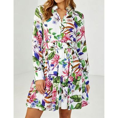 target green shirt dress Women Floral Print Long Sleeve V Neck Tiered Mini Dress with Waist Belt, Green, XL : Ladies RTW