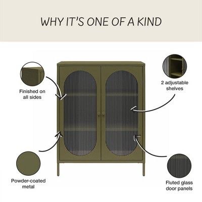Olive Green Metal Accent Cabinet with Fluted Glass Doors