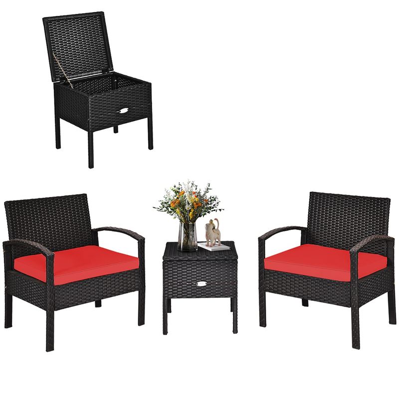 Costway 3PCS Patio Rattan Furniture Set Storage Table Cushioned Sofa Deck Red\Turquoise\White, 4 of 13