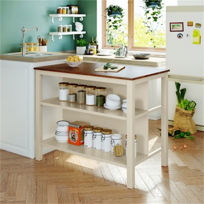 LunaLulinlk Solid Wood Rustic 45" Stationary Kitchen Island with 2 Open Shelves for Small Places,Walnut+Cream White