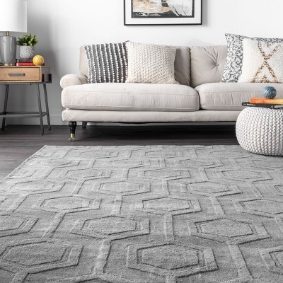 Handwoven Gray Geometric Wool Area Rug, 5' x 8', Stain-resistant