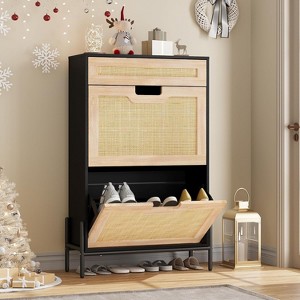 Hidden Rattan Shoe Storage Cabinet with 2 Flip Doors & Drawer, Adjustable Freestanding Shoe Organizer with Metal Legs for Entryway & Hallway - 1 of 4