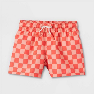 Baby Boys' Checkered Swim Shorts - Cat & Jack™ Coral Red 3-6M