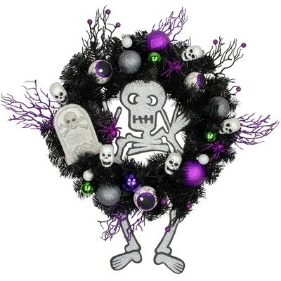 Northlight Purple and Black Spooky Skeleton Pine Halloween Wreath, 24-Inch, Unlit