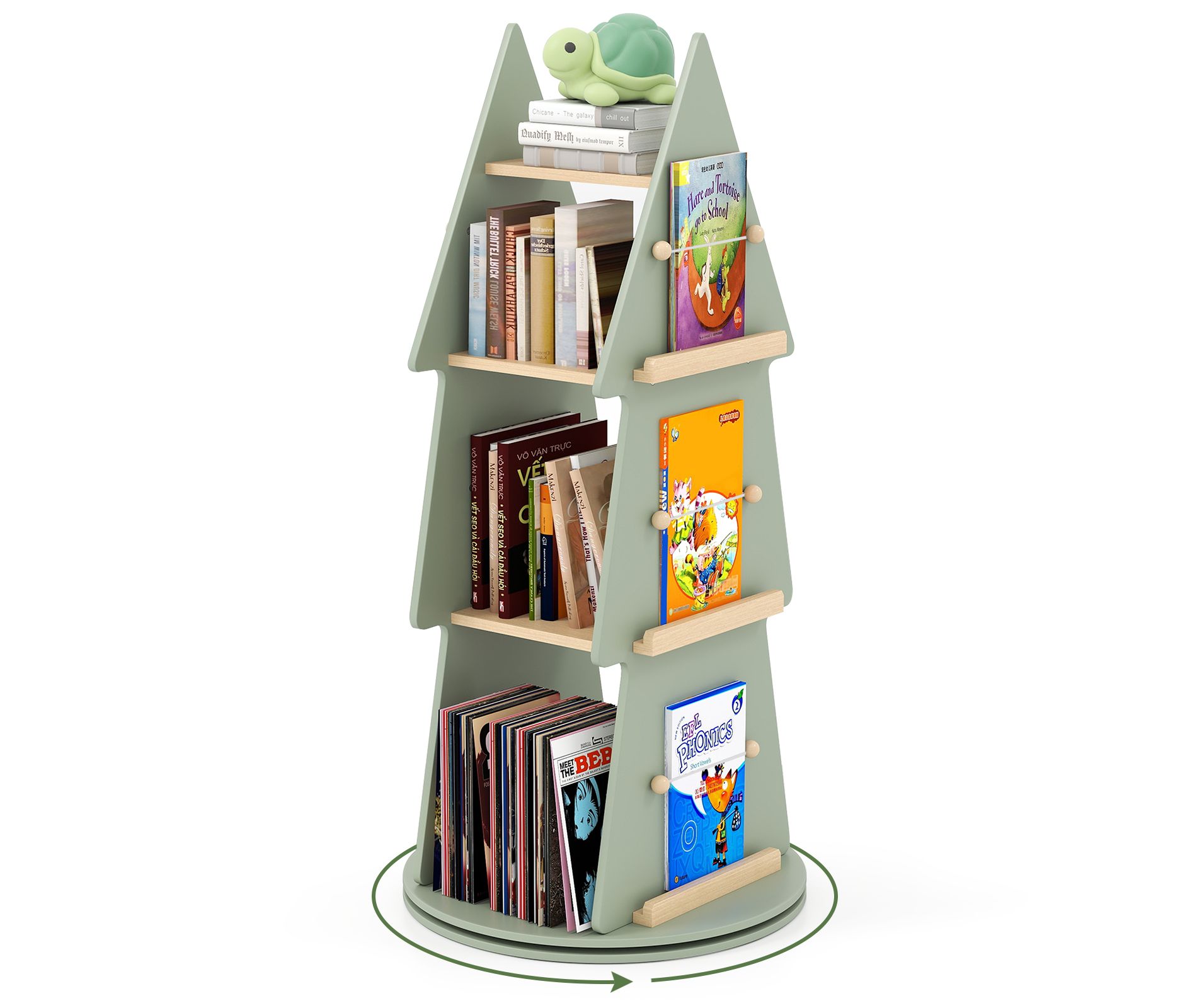 Tangkula Kids Rotating Bookshelf 4 Tier Tree Shape Revolving Bookcase 360°Display Rack