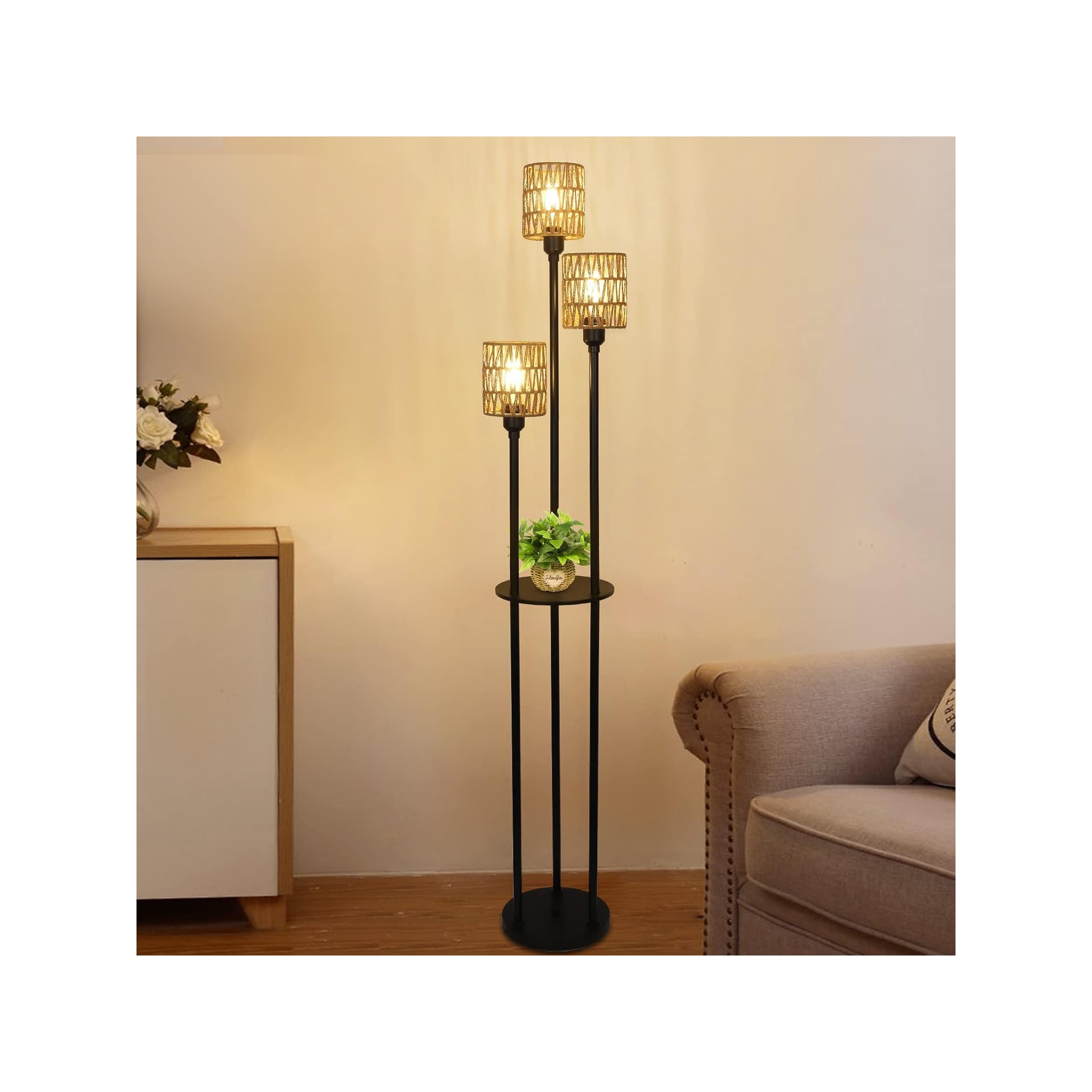 GDFStudio Bach Metal Floor Lamp with 3-Shade and Shelf, Rattan Brown Shade