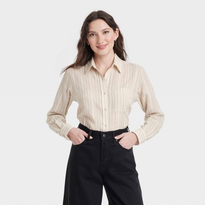 Women's Long Sleeve Collared Button-Down Shirt - Universal Thread™ Black/Cream Striped