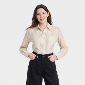 Women's Long Sleeve Collared Button-Down Shirt - Universal Thread™ Black/Cream Striped - 1 of 3