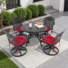 5-Piece Round Cast Aluminum Patio Set with Swivel Chairs,Red Cushions,and Umbrella Hole - 2 of 4