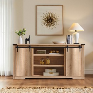 66″ Modern TV Stand, Fluted Entertainment Center for TVs Up to 75″, Media Console with 4 Drawers & Sliding Door, Oak - 1 of 3