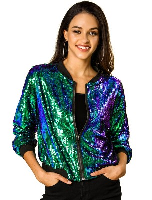 IN'VOLAND Womens Sequin Jacket Plus Size Sparkle Long Sleeve Jackets Front Zip Loose Casual Blazer Bomber Jacket with Pockets