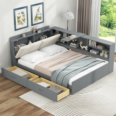 1pc Full Size Storage Platform Bed, Solid Wood Frame with Upholstered Headboard, Shelves & Drawers - Baofuwish