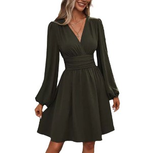 Coolmee Women's Elegant Dress V Neck Long Sleeve High Waist Swing Prom Cocktail Short Mini Dresses - 1 of 4