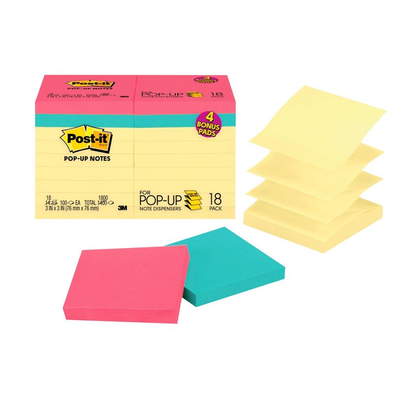 Post-it Pop-Up Original Notes Value Pack, 3 x 3 Inches, Assorted Colors, Pad of 100 Sheets, Pack of 18, 1 of 2