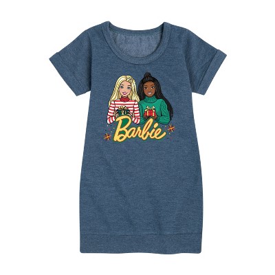 Barbie Winter Holidays Graphic Short Sleeve Fleece Dress - Heather Navy - 3T