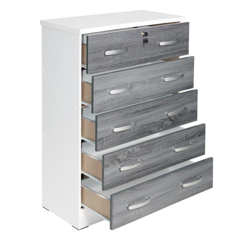 Better Home Products Cindy 5 Drawer Chest Wooden Dresser with Lock in White/Gray, 4 of 7