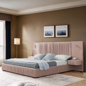 Sapphtopaz Queen Bed Frame with Headboard Pleated Chenille Upholstered Grounded Platform Bed with Drawers & Adjustable Bedside Lamp for Bedroom - 1 of 4