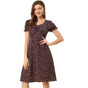 Allegra K Women's Floral Sweetheart Neck Smock Ruffle Print A-Line Dress - 1 of 4