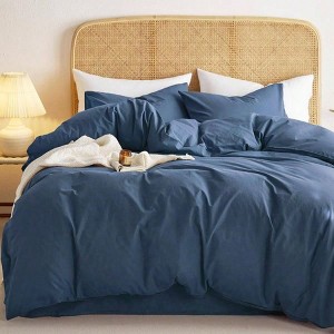 Queen Size Cotton Duvet Cover Set, Dark Navy Blue, 100 Washed Cotton, Linen - Like Textured, Breathable Percale Bedding, 3 Pieces - 1 of 4