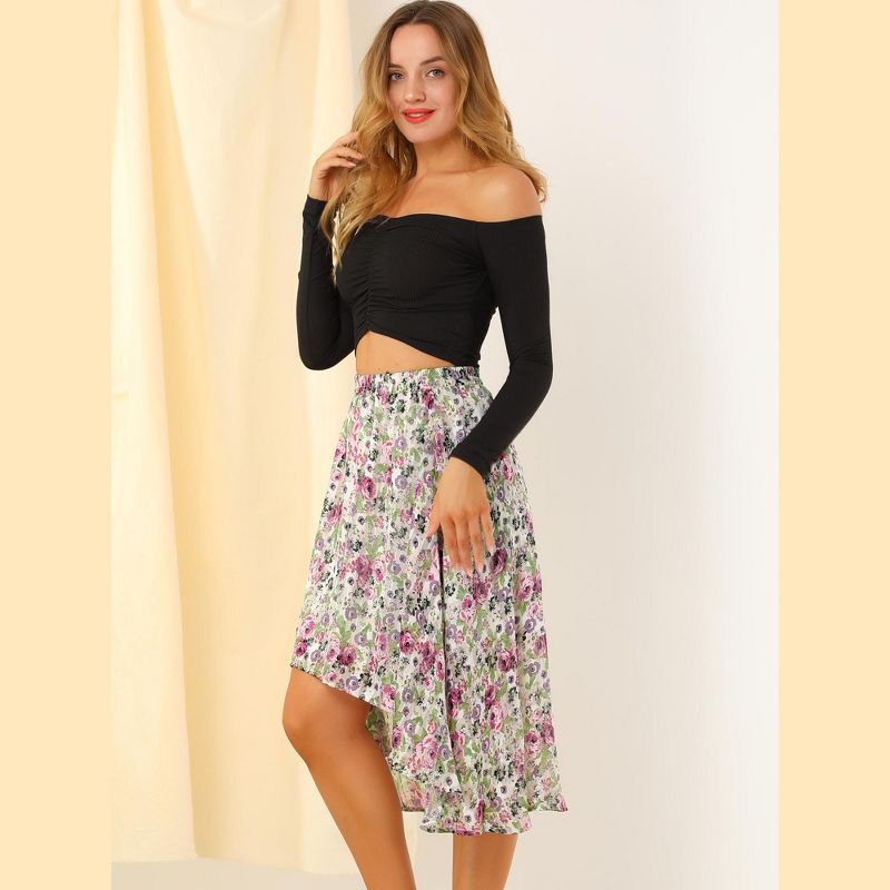 Allegra K Women's High Low Hem Elastic Waist Lurex Chiffon A-Line Midi Floral Skirt, 4 of 6